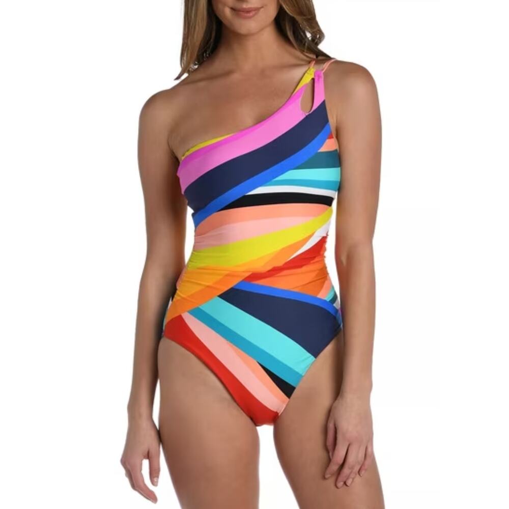 NEW! La Blanca Rainbow Stripe One Shoulder Swimsuit 10 One-Piece Beach Summer